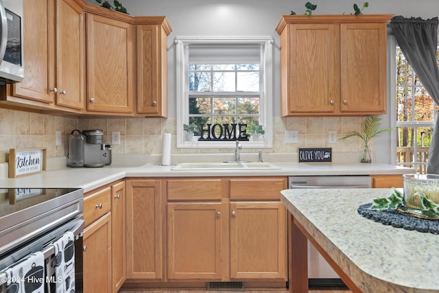 kitchen with appliances with stainless steel finishes, backsplash, a wealth of natural light, and sink