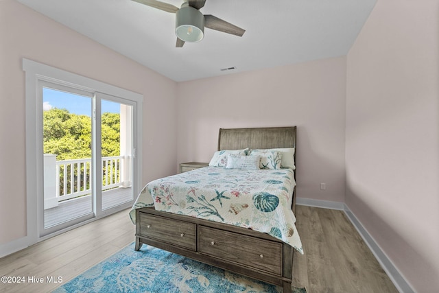 bedroom with access to outside, ceiling fan, and light hardwood / wood-style flooring