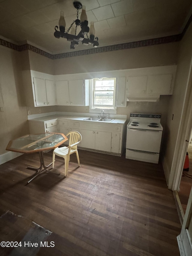 620 W Main St, Williamston, NC 27892 - kitchen with electric stove, a sink, a chandelier, white cabinetry, and dark wood-style floors