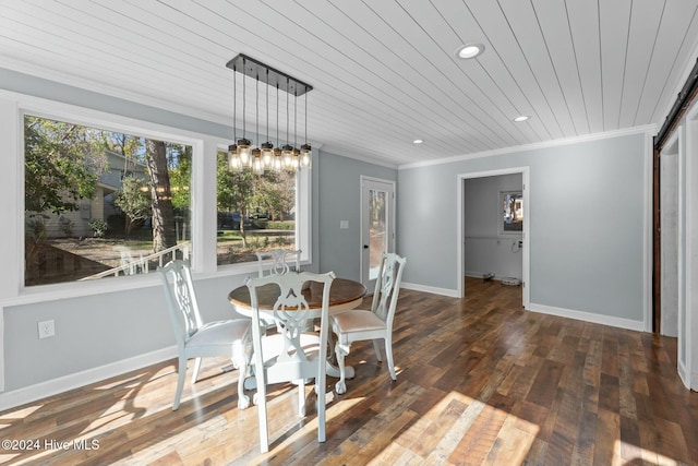 dining room featuring dark hardwood / wood-style flooring, wood ceiling, and ornamental molding