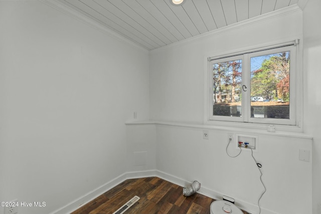 washroom featuring ornamental molding, dark wood-type flooring, and hookup for a washing machine