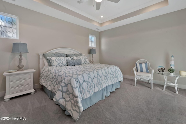 carpeted bedroom featuring a tray ceiling and ceiling fan