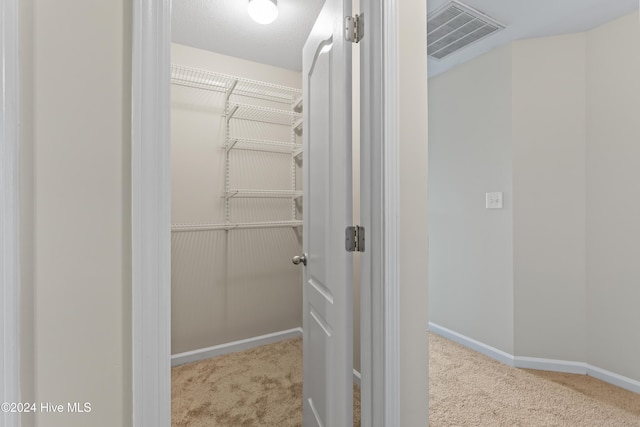 walk in closet featuring light carpet