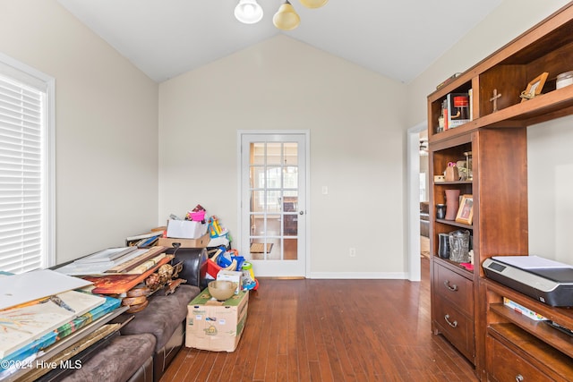 office area featuring lofted ceiling and dark hardwood / wood-style floors