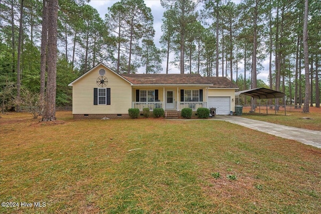 single story home with a front lawn, covered porch, a garage, and a carport