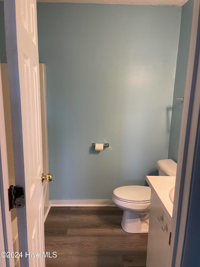 bathroom featuring vanity, toilet, and wood-type flooring