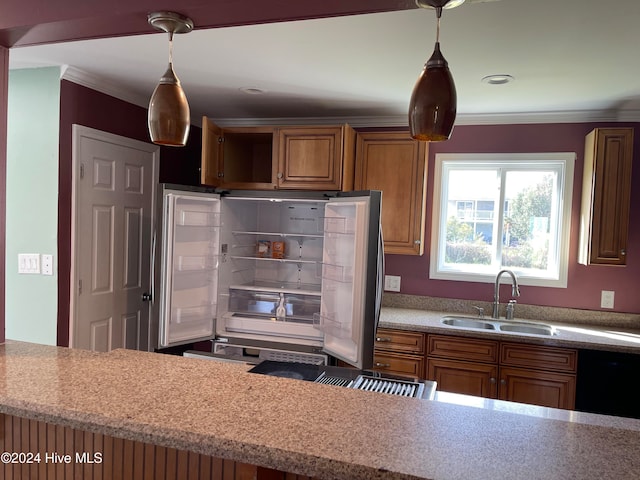 kitchen featuring black dishwasher, decorative light fixtures, crown molding, and sink