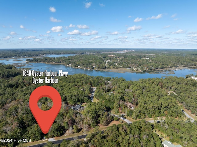 aerial view with a water view and a forest view