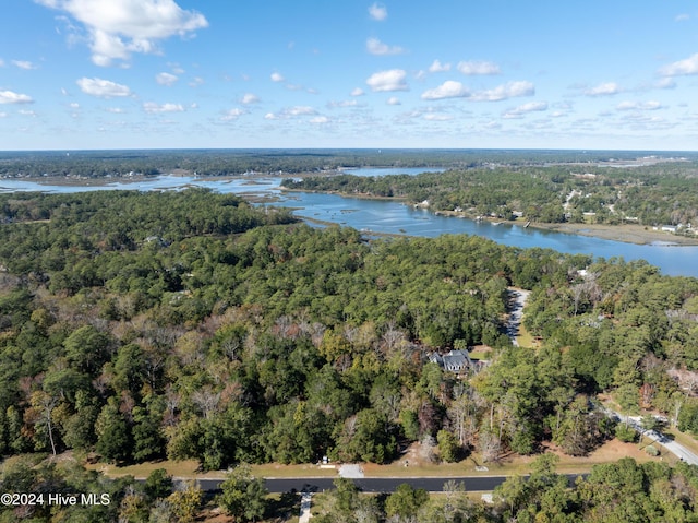 aerial view with a water view and a wooded view