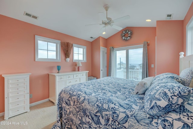 132 Reeves St, North Topsail Beach, NC 28460 - bedroom with access to outside, light carpet, lofted ceiling, and ceiling fan