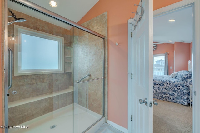 132 Reeves St, North Topsail Beach, NC 28460 - full bath with ensuite bath, vaulted ceiling, a shower stall, and recessed lighting