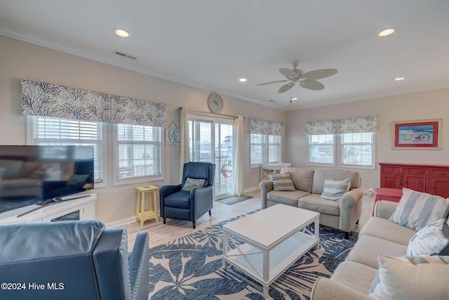 132 Reeves St, North Topsail Beach, NC 28460 - living room featuring recessed lighting, a ceiling fan, light wood-style floors, and ornamental molding