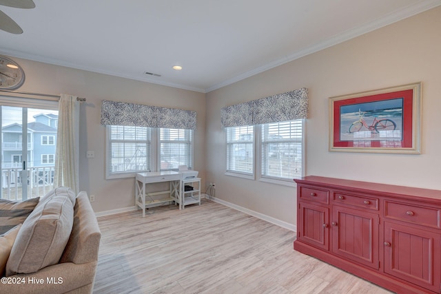 office featuring ceiling fan, light hardwood / wood-style floors, and ornamental molding