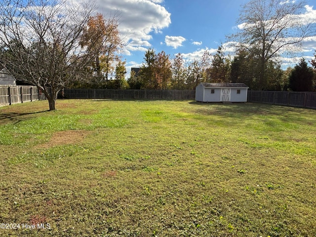 view of yard featuring a storage shed