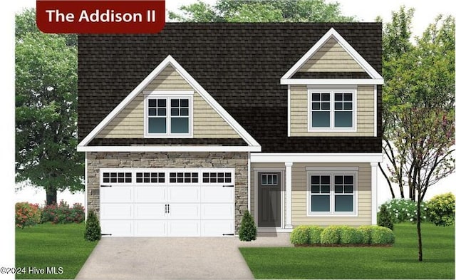 view of front of home with driveway, a shingled roof, stone siding, and a front lawn