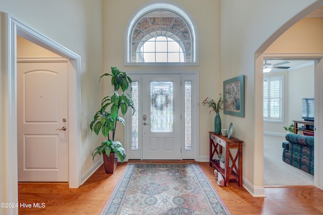 foyer entrance with a wealth of natural light, ceiling fan, a high ceiling, and light wood-type flooring