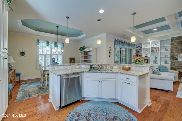 kitchen with dishwasher, light hardwood / wood-style flooring, white cabinetry, and sink