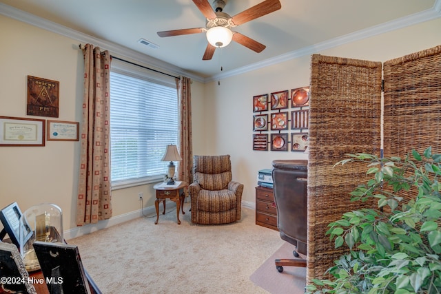 office with carpet flooring, ceiling fan, and crown molding