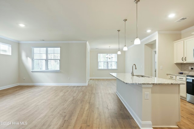 kitchen featuring a center island with sink, a healthy amount of sunlight, sink, and light hardwood / wood-style flooring