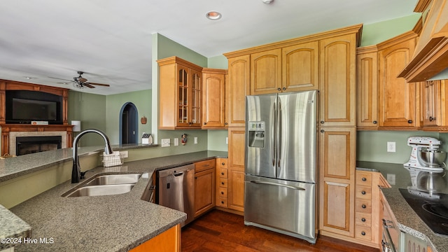 kitchen with premium range hood, sink, ceiling fan, dark hardwood / wood-style flooring, and stainless steel appliances