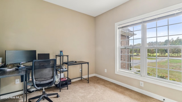 office area with plenty of natural light and light carpet