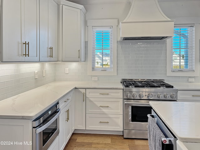 kitchen featuring appliances with stainless steel finishes, light hardwood / wood-style flooring, a healthy amount of sunlight, and custom exhaust hood