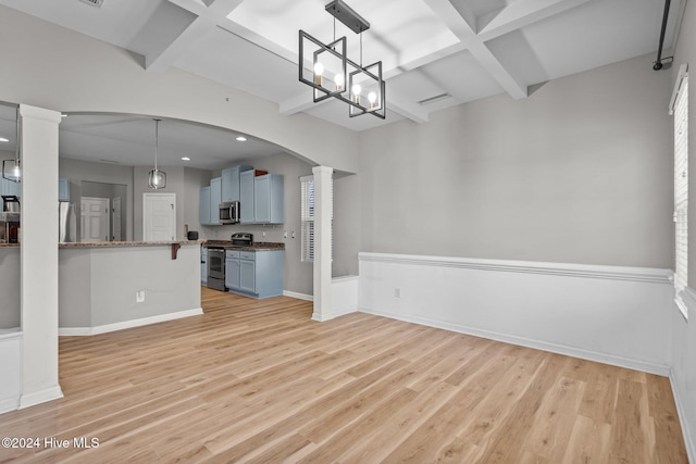 interior space with beam ceiling, light wood-type flooring, an inviting chandelier, and coffered ceiling