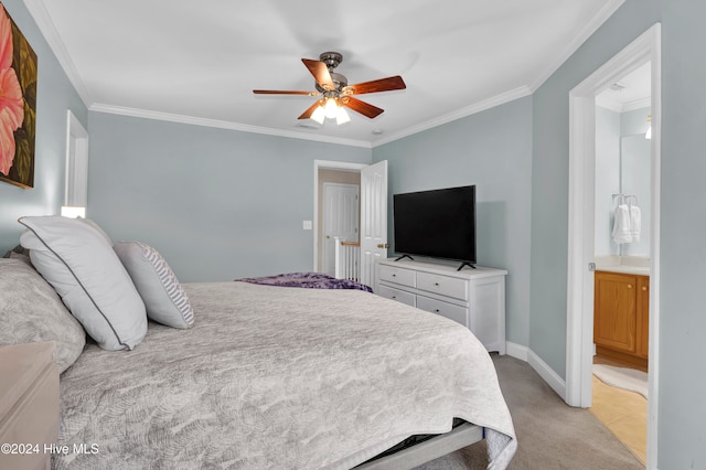 carpeted bedroom with ceiling fan, crown molding, and connected bathroom