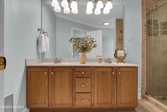 bathroom featuring vanity, walk in shower, and ornamental molding