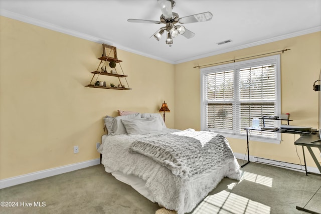 carpeted bedroom featuring ceiling fan, crown molding, and a baseboard radiator