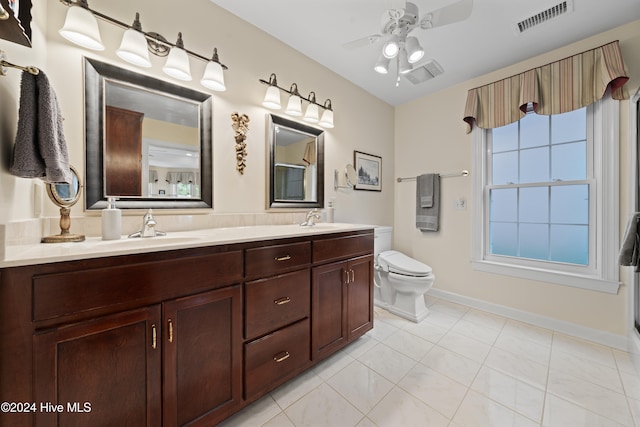 bathroom with tile patterned flooring, vanity, toilet, and ceiling fan