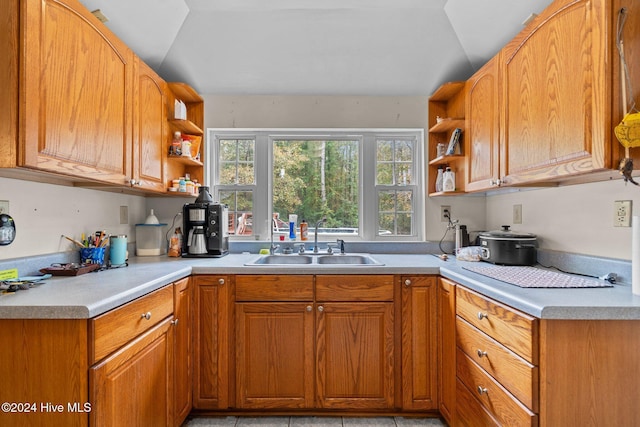 16200 US Highway 421, Burgaw, NC 28425 - kitchen featuring open shelves, a sink, light countertops, vaulted ceiling, and brown cabinets