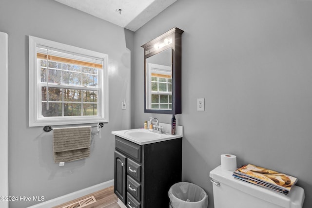 bathroom with vanity, hardwood / wood-style flooring, toilet, and a healthy amount of sunlight