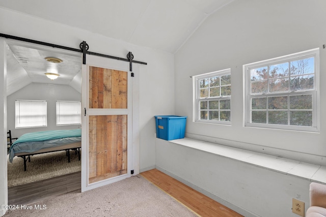 16200 US Highway 421, Burgaw, NC 28425 - unfurnished bedroom with lofted ceiling, wood finished floors, and a barn door