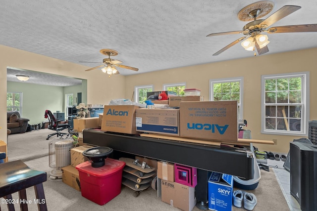 interior space with a textured ceiling, a wealth of natural light, and ceiling fan