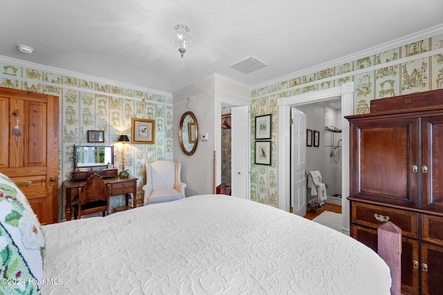 bedroom with hardwood / wood-style floors and crown molding