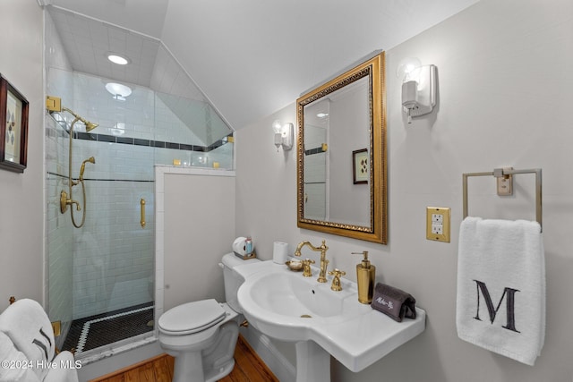 505 Broad St, Oriental, NC 28571 - bathroom featuring a stall shower, wood finished floors, and toilet