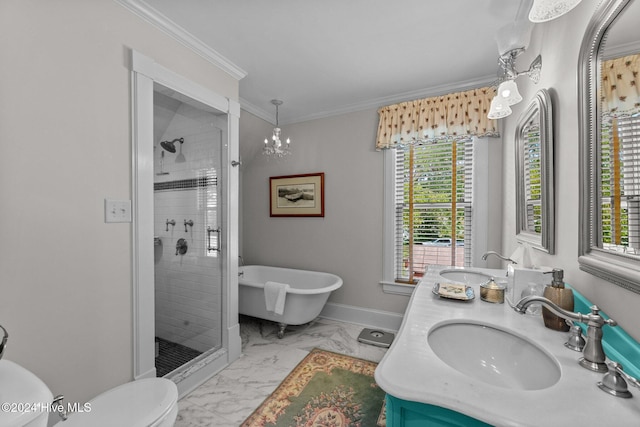 505 Broad St, Oriental, NC 28571 - full bath featuring marble look tiles, a stall shower, toilet, ornamental molding, and a soaking tub