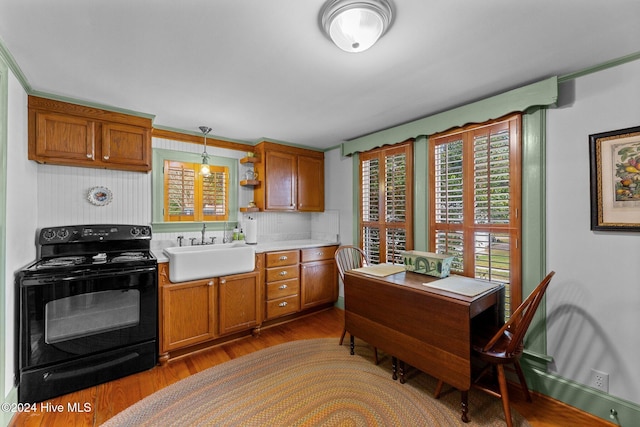 kitchen featuring black electric range, wood-type flooring, decorative light fixtures, and sink