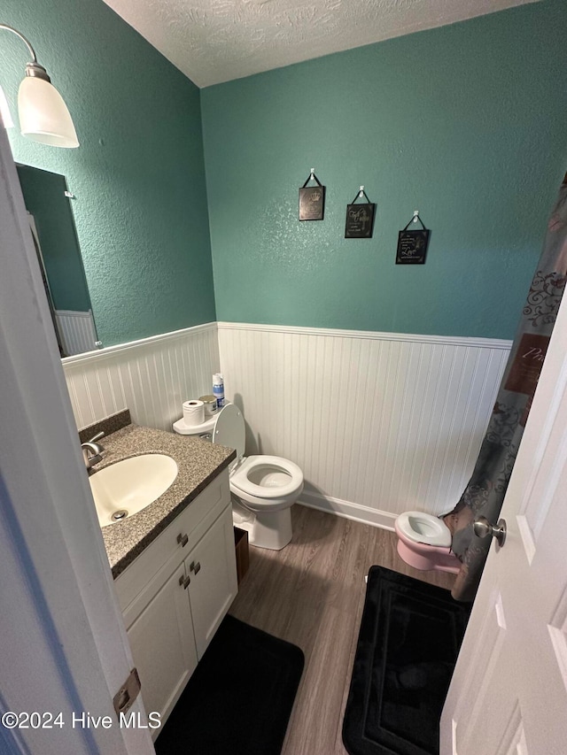 bathroom featuring wood-type flooring, vanity, a textured ceiling, and toilet