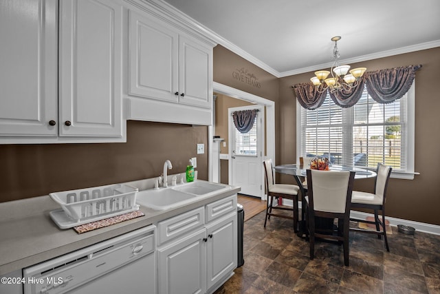 kitchen with white cabinets, an inviting chandelier, dishwasher, and sink