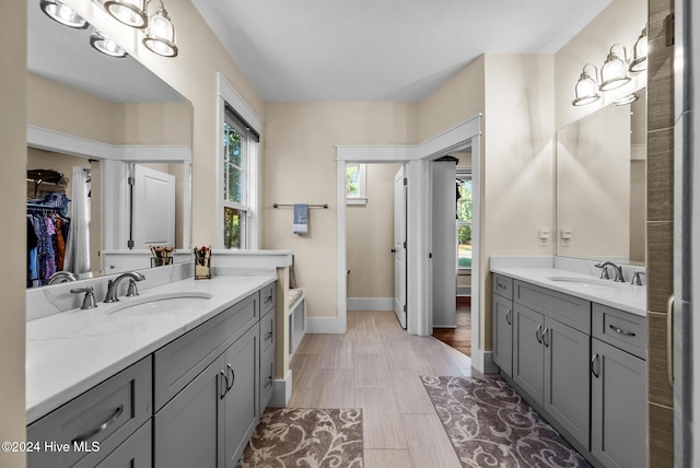 bathroom featuring a walk in closet, two vanities, a sink, and baseboards