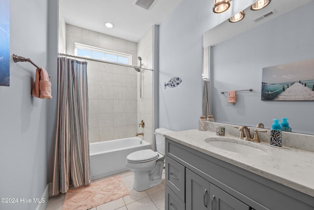 bathroom featuring shower / bath combo, visible vents, toilet, tile patterned floors, and vanity