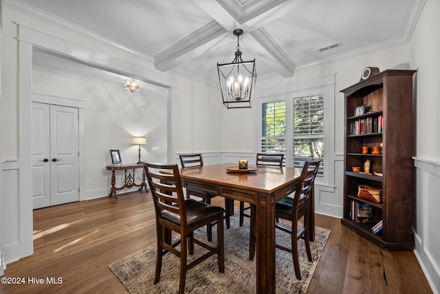 dining room featuring ornamental molding, coffered ceiling, beam ceiling, a notable chandelier, and dark hardwood / wood-style floors