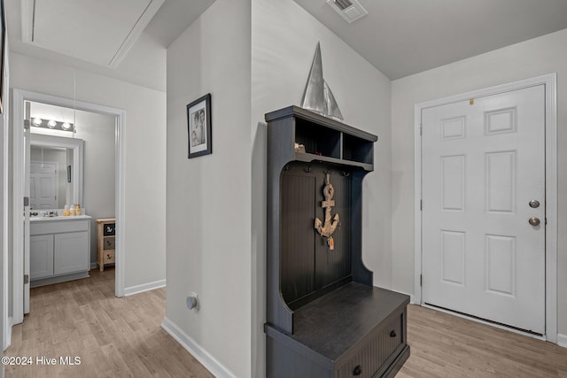 mudroom with light wood-type flooring and sink