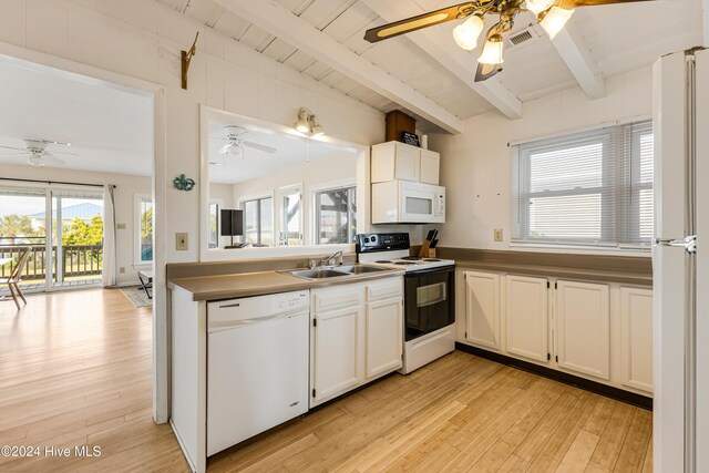 kitchen featuring white appliances, sink, ceiling fan, white cabinetry, and wood ceiling