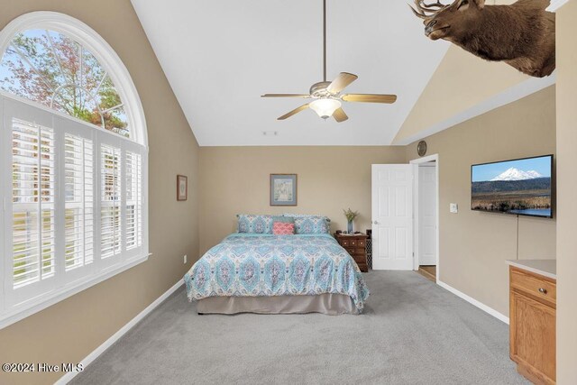 carpeted bedroom with ceiling fan and lofted ceiling