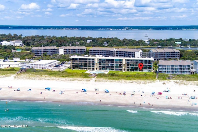 aerial view with a view of the beach and a water view