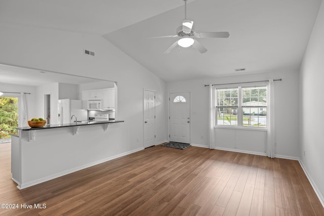 foyer featuring hardwood / wood-style flooring, plenty of natural light, lofted ceiling, and ceiling fan