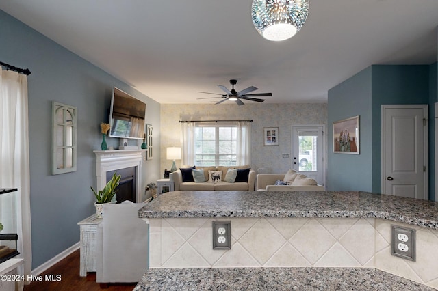 living room featuring ceiling fan and dark wood-type flooring